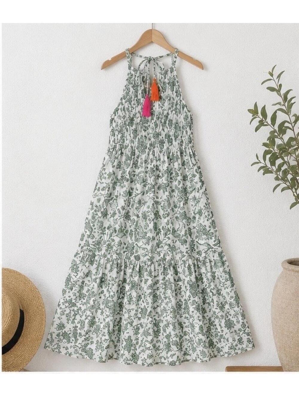 THML Green Botanical Toile Print Maxi Dress Smocked Halter XS Lined